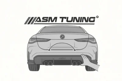 Step-by-step illustration showing the alignment and installation of an ASM rear diffuser on a BMW M4 
