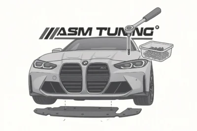 Illustration showing the removal of the front undertray from a BMW M4 in preparation for installing an ASM Tuning carbon front splitter, including tools and hardware