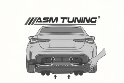 Illustration showing the process of unclipping the original rear diffuser from a BMW M4 during installation