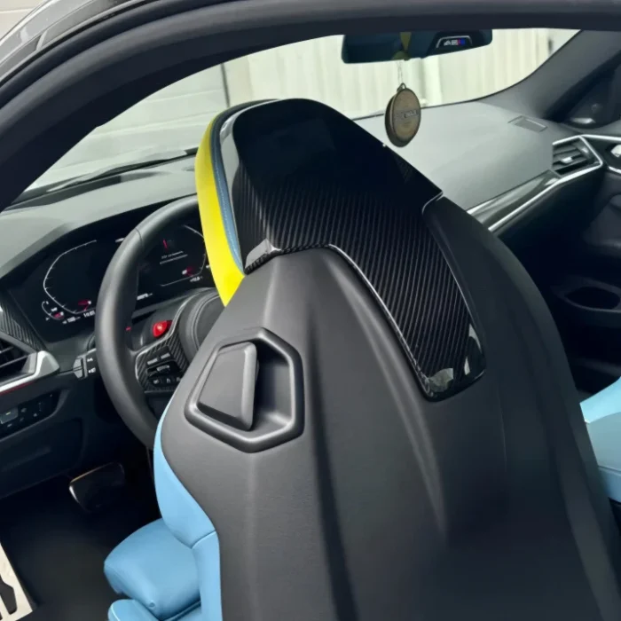 Bmw G80 M3 / G82 M4 Carbon Fibre Seat Back Cover Installed – Gloss Pre-Preg Carbon Trim On Oem Bucket Seat, Interior Detail Upgrade