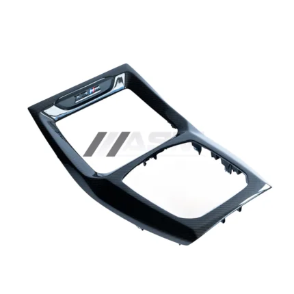 BMW X3M X4M LCI carbon fibre centre console trim – front angle of interior replacement panel in gloss pre-preg finish