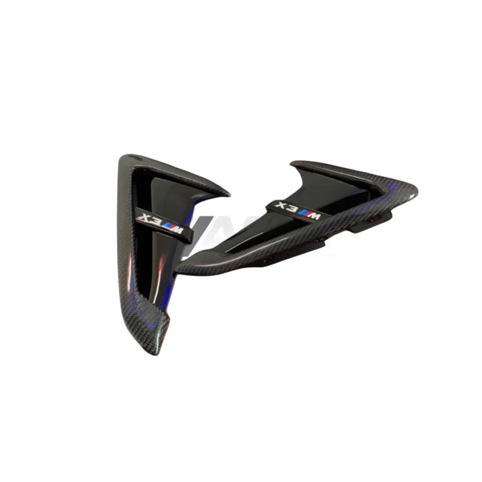 Front-Facing Detail Of Bmw X3M/X4M Carbon Fibre Aero Vents With M Performance Badging And Gloss Finish