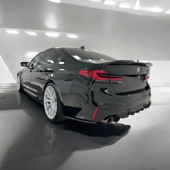 Bmw M5 F90 With Mp Style Carbon Fibre Spoiler – Fitted View From Rear Showing Gloss Trunk Lip