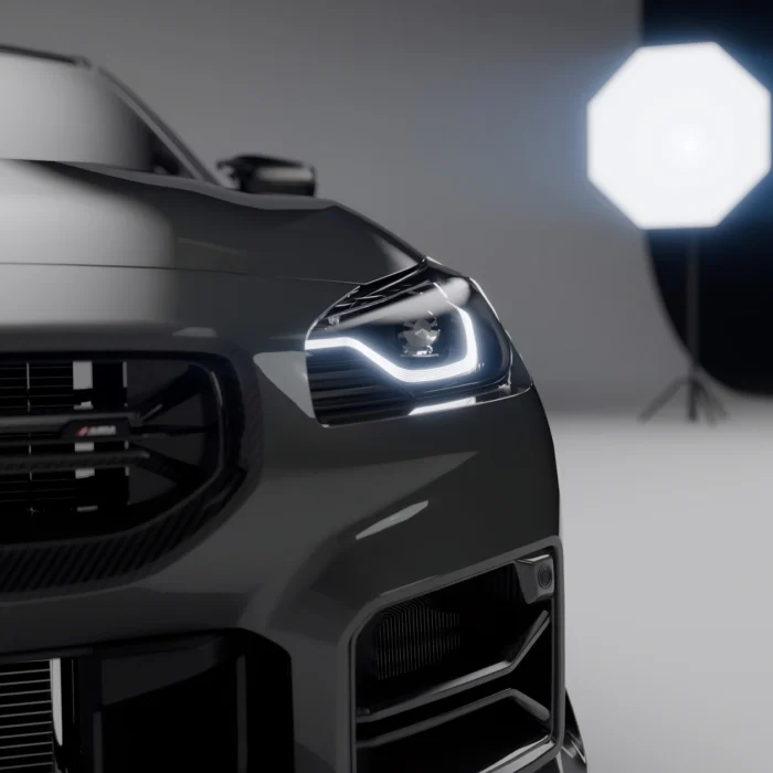 Headlight And Intake Grille Close-Up Showing Bmw G87 M2 Carbon Fibre Ducts