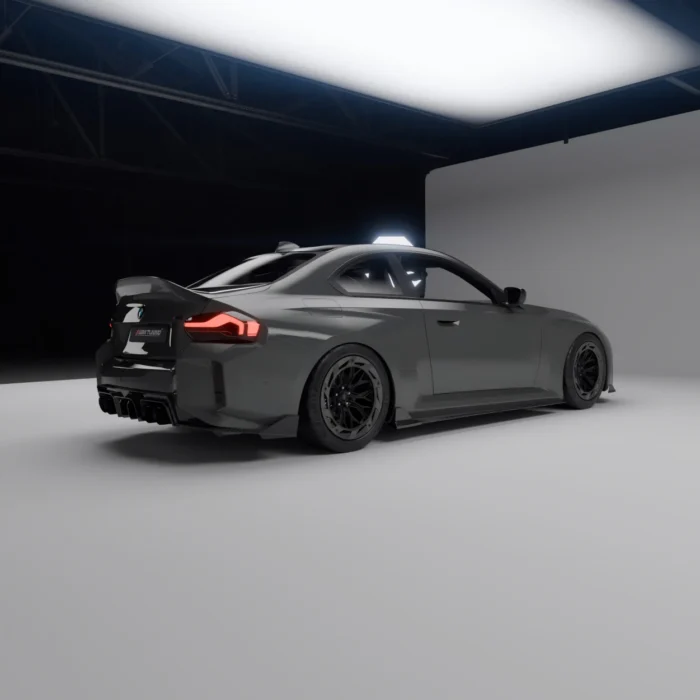 BMW G87 M2 fitted with ASM Design carbon fibre rear diffuser, left-rear angle