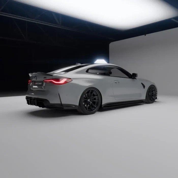Rear side angle showing carbon spoiler, diffuser, and side skirts