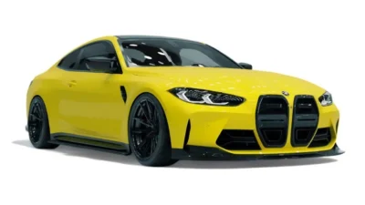 Front side angle of yellow BMW G82 M4 on display