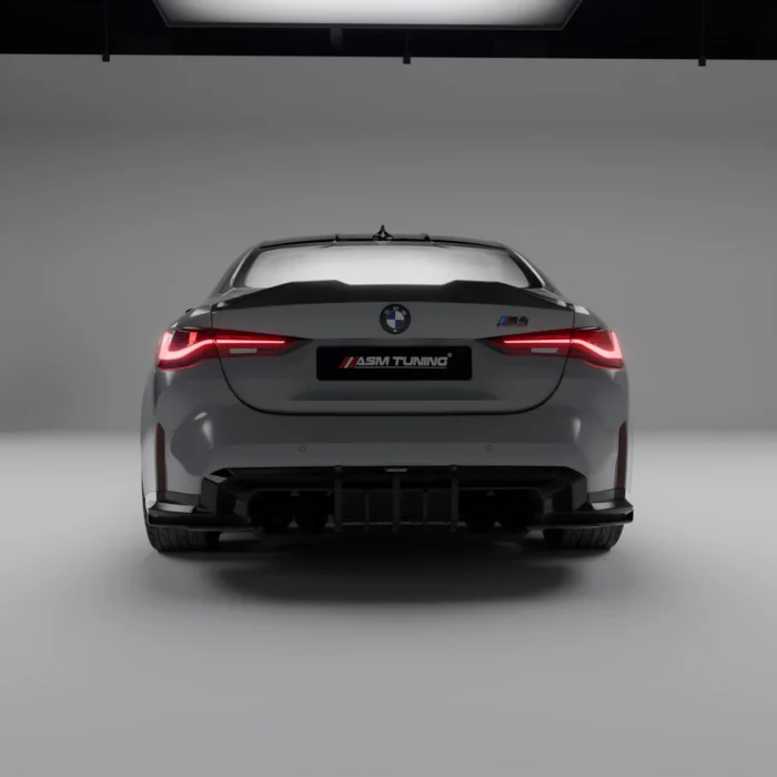 Direct rear view of grey BMW M4 G82 showcasing ASM pre-preg carbon fibre spoiler fitment on trunk lid
