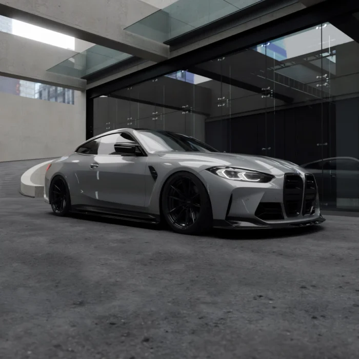 Architectural background shot of grey BMW M4 G82 highlighting ASM carbon fibre side skirts