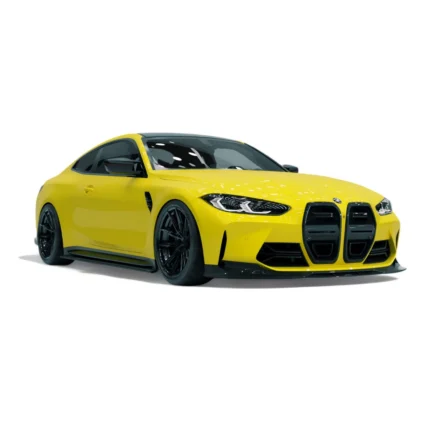 Front-side view of yellow BMW M4 G82 equipped with full carbon fibre aero kit including ASM side skirts