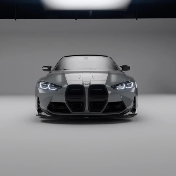 Studio front view of grey BMW M4 G82/G83 equipped with ASM carbon fibre splitter lip