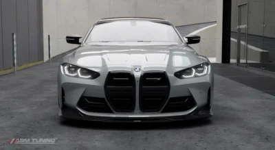 Urban front view of grey BMW M4 G82/G83 featuring ASM front splitter and aerodynamic styling