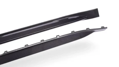 Angle View of BMW M4 G82/G83 Dry Carbon Fibre Side Skirts - OEM Style - Mounting Tabs Visible