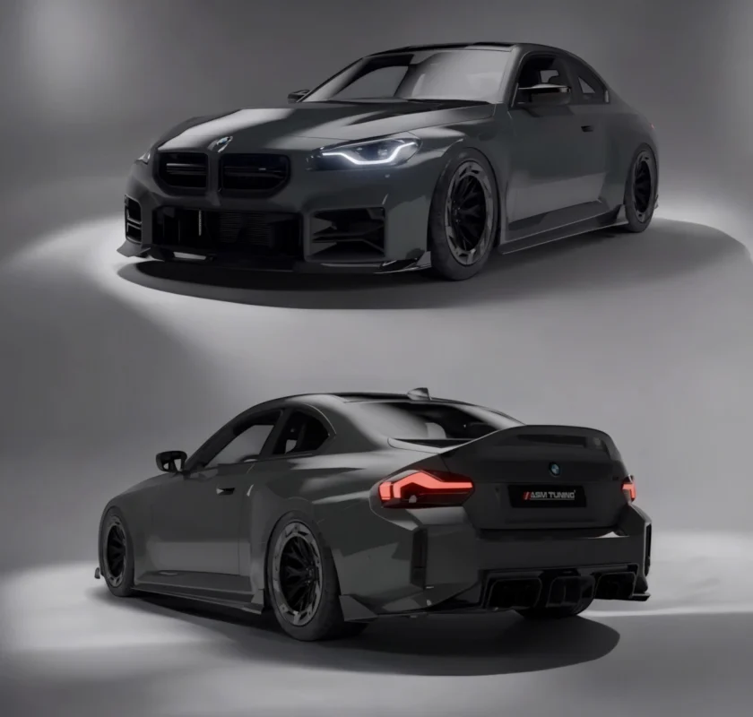 Front and rear view of BMW G87 M2 with ASM carbon fibre aerodynamic upgrades