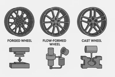 Comparison diagram of forged, flow-formed, and cast wheels and their manufacturing processes