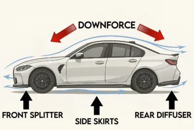 Side view of a BMW with airflow and downforce arrows showing balanced aerodynamics from front splitter, side skirts, and rear diffuser