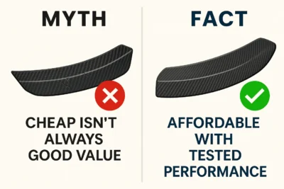 Side-by-side comparison showing cracked cheap carbon fibre part labelled 'cheap isn't always good value' versus a clean, tested carbon part labelled ' affordable with tested performance.
