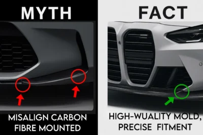 Comparison showing a misaligned carbon fibre splitter with gaps versus a properly fitted carbon part made with high-quality mold and precise fitment