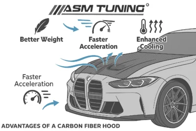 Diagram showing how a carbon fiber hood improves acceleration and engine cooling through weight reduction and airflow