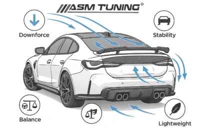 Diagram showing how a carbon fiber spoiler and trunk lid improve downforce, balance, stability, and reduce rear-end weight