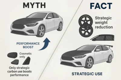 Comparing the myth that all carbon fibre parts boost performance with the fact that only strategic carbon use, such as lightweight wheels and roof panels, enhances vehicle performance