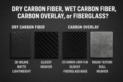 Comparison of dry carbon fibre, wet carbon fibre carbon overlay, and fiberglass used in car parts