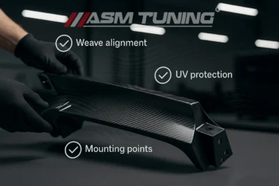 Technician inspecting a carbon fibre spoiler with highlights on weave alignment, UV protection, and mounting point quality