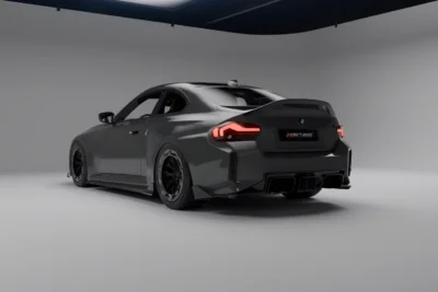 Rear view of BMW G87 m2 featuring a dry carbon fiber rear diffuser and dual exhaust setup, designed for aerodynamic performance and aggressive styling