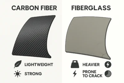Side-by-side comparison of carbon fiber and fiberglass panels showing material strength, weight, and durability differences