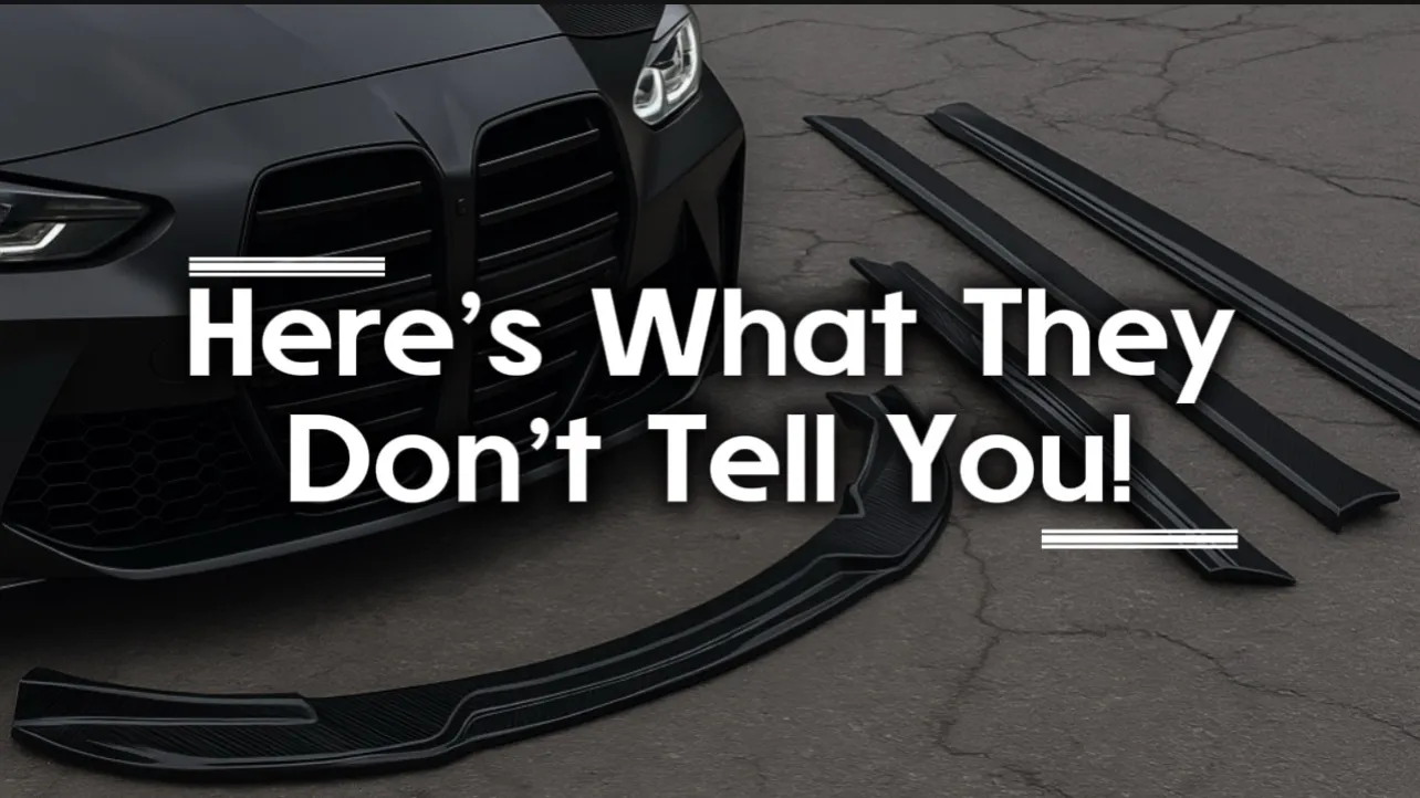 Carbon fibre car aero parts including splitters, and side skirts laid out next to a modified sports car