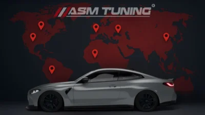 World map with location markers showing international dealer presence, with a modern tuned performance car in the foreground