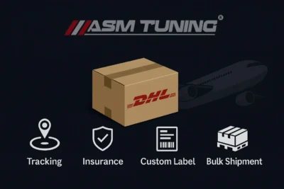 Infographic showing DHL shipping box with icons for tracking, insurance, custom labelling, and bulk shipment for ASM dealer logistics