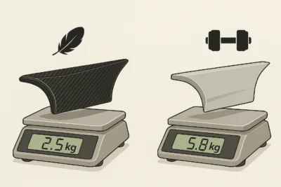 Digital illustration comparing a lightweight carbon fiber part and a heavier stock part placed on separate scales showing performance weight difference