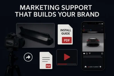 Marketing support for ASM Tuning dealers including product photos, install guides, video content, and Instagram promotion