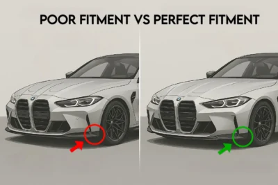Side-by-side comparison of BMW front splitter showing poor fitment with gaps versus perfect 0EM-style fitment with seamless alignment