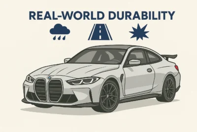 Illustration of a BMW driving over a rough road with a durable carbon fiber diffuser handling daily conditions without damage