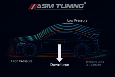 BMW G87 M2 downforce airflow simulation – CFD-tested illustration showing high-pressure to low-pressure flow generating rear aerodynamic downforce