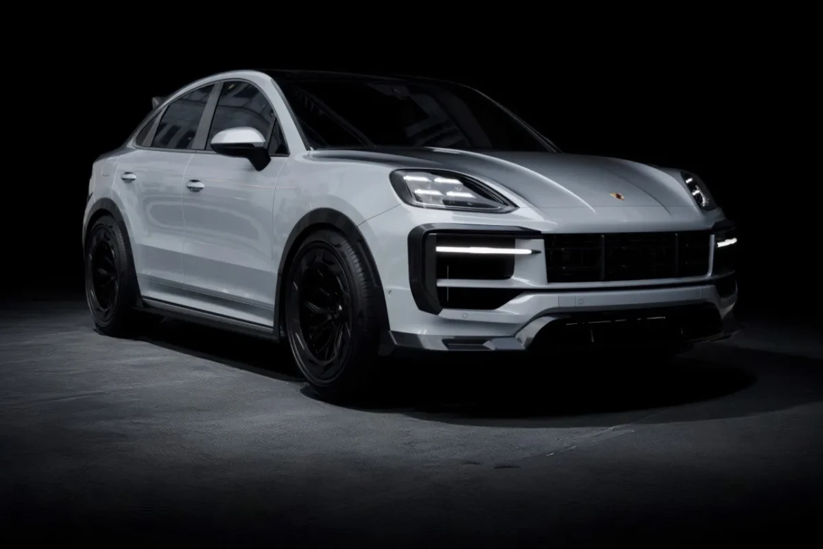 Porsche Cayenne Turbo GT Coupe with full carbon fibre body kit in dramatic dark studio lighting