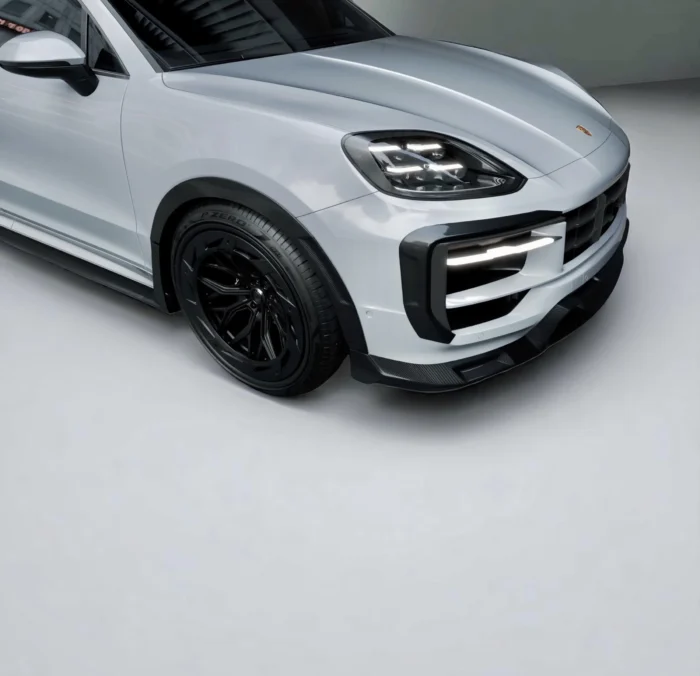 Close-up of carbon fibre front lip and bumper on Porsche Cayenne Turbo GT Coupe
