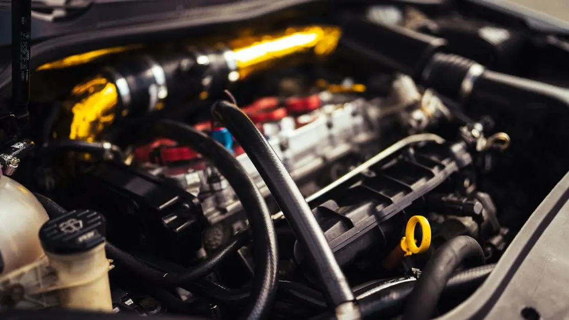 Car engine close-up highlighting parts for choosing the right high-flow fuel pump.