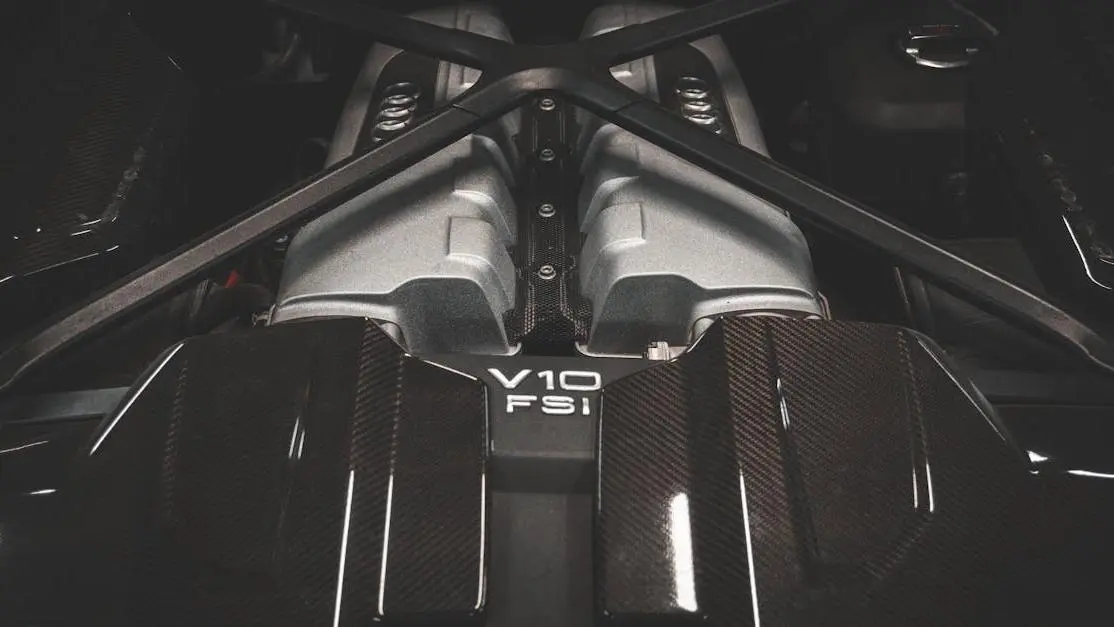 V10 engine with carbon fiber detailing representing quality automotive parts and performance.